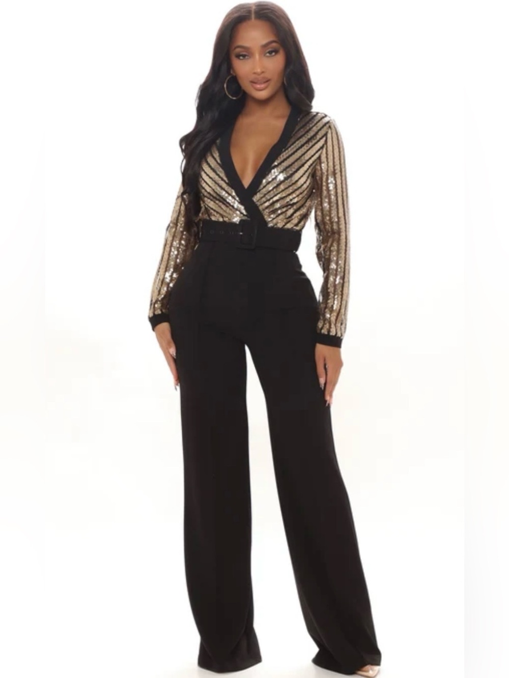 Fashion Nova Overlap Front Plunging V Sequin Jumpsuit